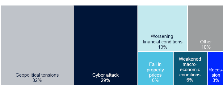 Geopolitical tensions 32%
Cyber attack 29%
Worsening financial conditions 13%
Other 10%
Fall in property prices 6%
Weakened macro-economic conditions 6%
Recession 3%

