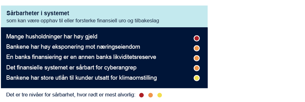 Sårbarheter i systemet som kan være opphav til eller forsterke finansiell uro og tilbakeslag:
- Mange husholdninger har høy gjeld 
- Bankene har høy eksponering mot næringseiendom
- En banks finansiering er en annen banks likviditetsreserve
- Det finansielle systemet er sårbart for cyberangrep
- Bankene har store utlån til kunder utsatt for klimaomstilling
