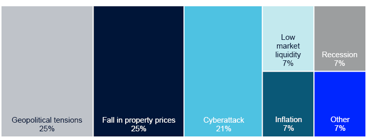 Geopolitical tensions 25%
Fall in property prices 25%
Cyber attack 21%
Low market liquidity 7%
Inflation 7%
Recession 7%
Other 7%
